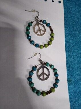 Peace Sign Gold Tone Wooden Beads Blue And Green Hippie Drop Dangle Earrings